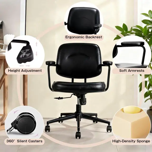 Alt view image 5 of 6 - Home Office Chair, Ergonomic Desk Chair with Lumbar Support, Adjustable Height Rolling Swivel Task Chair with Armrests, PU Leather, for Meeting,Study Room Black