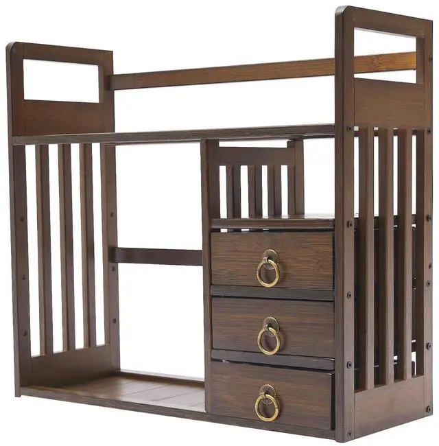 Main image of Wood Desktop Bookshelf Bamboo Bookshelf Organizer Desk Rack Storage Shelves w/3 Drawers Office for Top of Desk, Desk Hutch Desktop Book Shelf Home Office Bedroom Sturdy, Brow