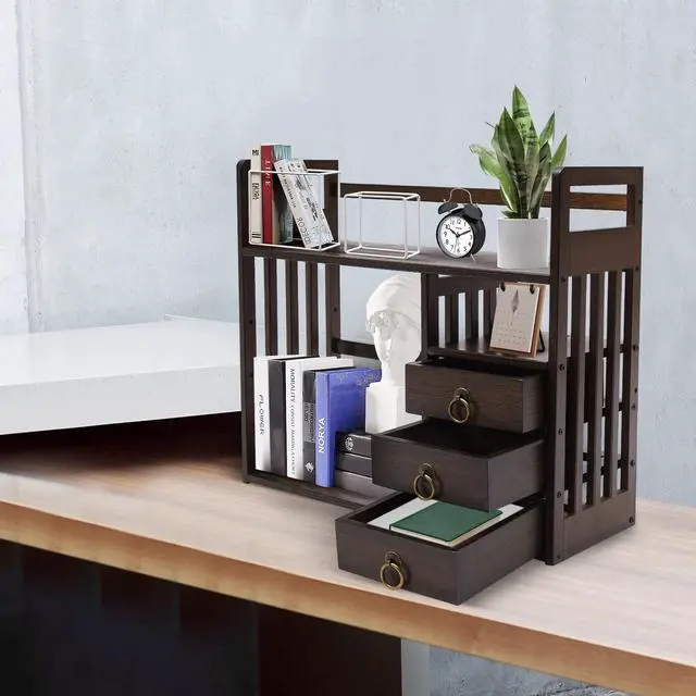 Alt view image 2 of 6 - Wood Desktop Bookshelf Bamboo Bookshelf Organizer Desk Rack Storage Shelves w/3 Drawers Office for Top of Desk, Desk Hutch Desktop Book Shelf Home Office Bedroom Sturdy, Brow