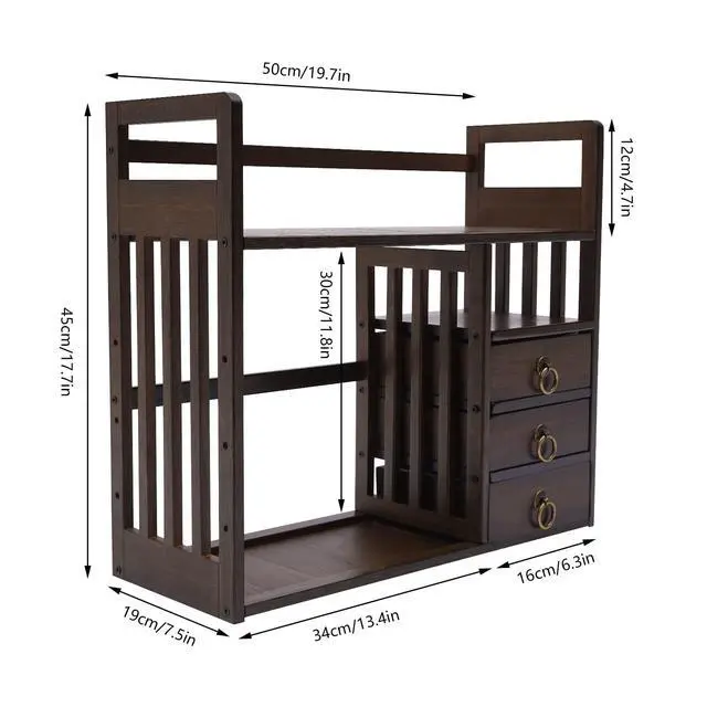 Alt view image 3 of 6 - Wood Desktop Bookshelf Bamboo Bookshelf Organizer Desk Rack Storage Shelves w/3 Drawers Office for Top of Desk, Desk Hutch Desktop Book Shelf Home Office Bedroom Sturdy, Brow