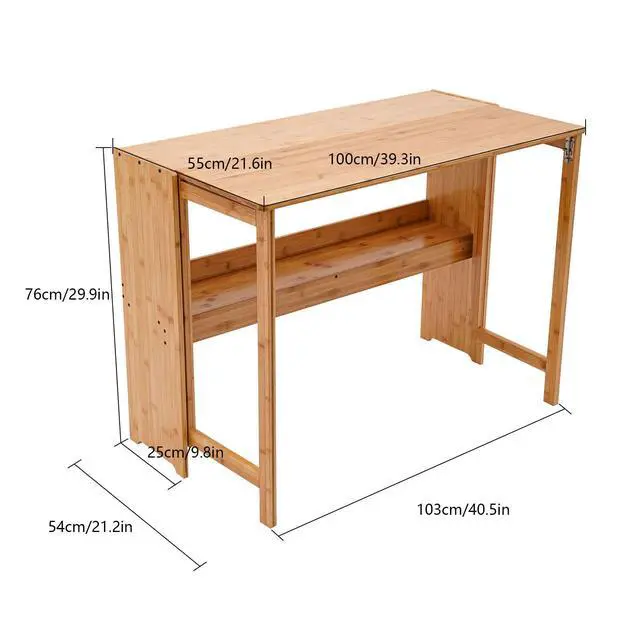 Alt view image 2 of 6 - Modern Folding Desk, Small Computer Table Writing Desk Laptop Desk Vanity Table Bamboo Workstation with Bookshelf for Home Office