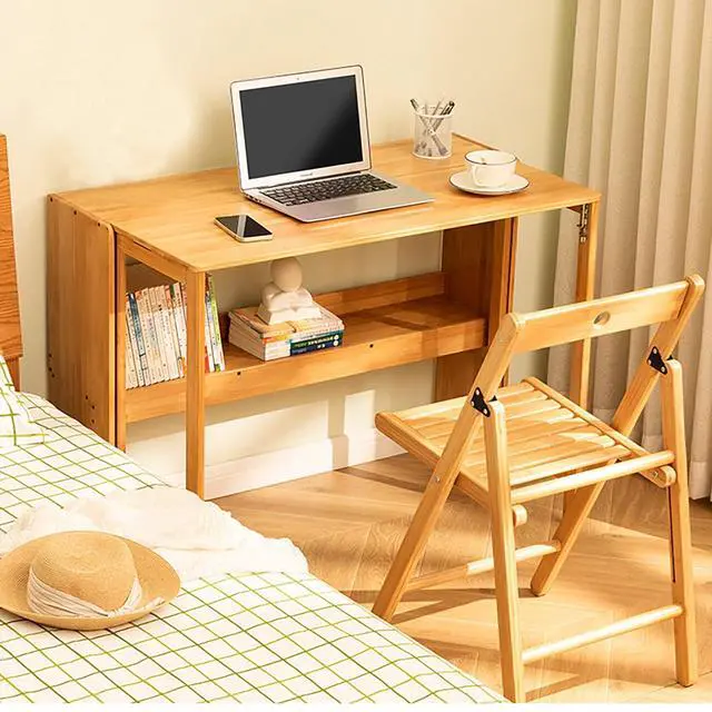 Alt view image 3 of 6 - Modern Folding Desk, Small Computer Table Writing Desk Laptop Desk Vanity Table Bamboo Workstation with Bookshelf for Home Office