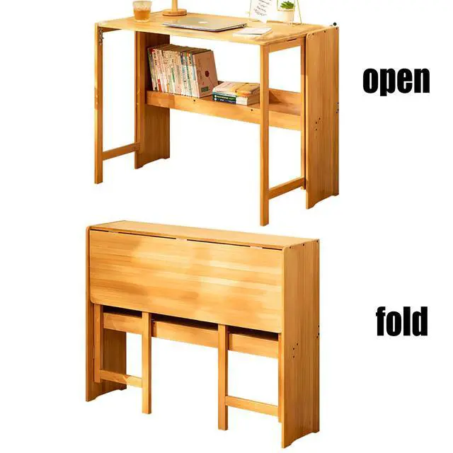 Alt view image 4 of 6 - Modern Folding Desk, Small Computer Table Writing Desk Laptop Desk Vanity Table Bamboo Workstation with Bookshelf for Home Office