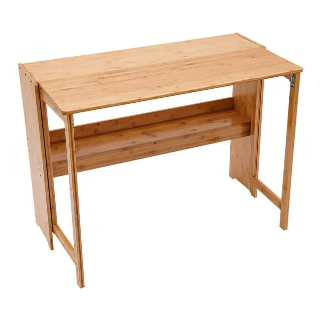 Alt view image 5 of 6 - Modern Folding Desk, Small Computer Table Writing Desk Laptop Desk Vanity Table Bamboo Workstation with Bookshelf for Home Office