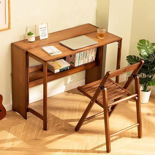 Alt view image 3 of 6 - Bamboo Folding Desk, Laptop Desk Writing Desk with Storage Shelf Vanity Table Small Computer Table Space Saving Workstation for Home Office