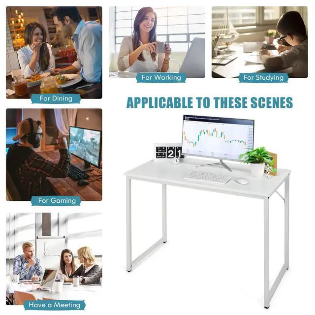 Alt view image 6 of 6 - Home Office Computer Desk, 40 inch Modern Simple Writing Study Desk, Metal Frame Gaming Desk, Laptop PC Workstation for Living Room, Bedroom & Study (White)