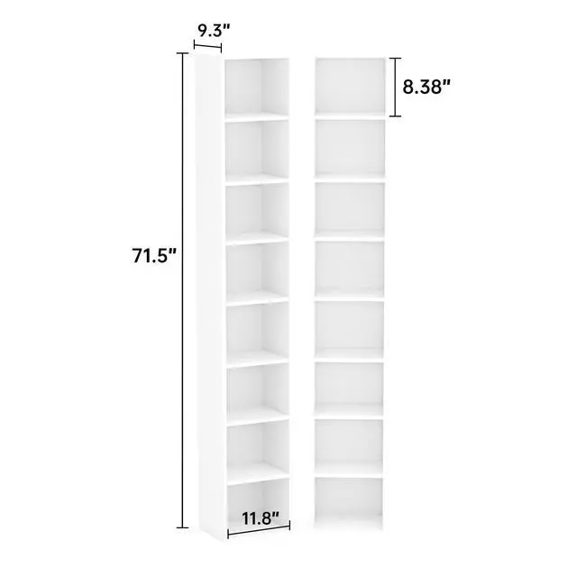Alt view image 3 of 6 - Bookcase Set of 2,Floor Standing 8 Tier High Bookshelf, Display Storage Rack, Home Decorative Furniture, Suitable for Home Offices, Living Rooms,White (White, 8-Tier-2-Pack)