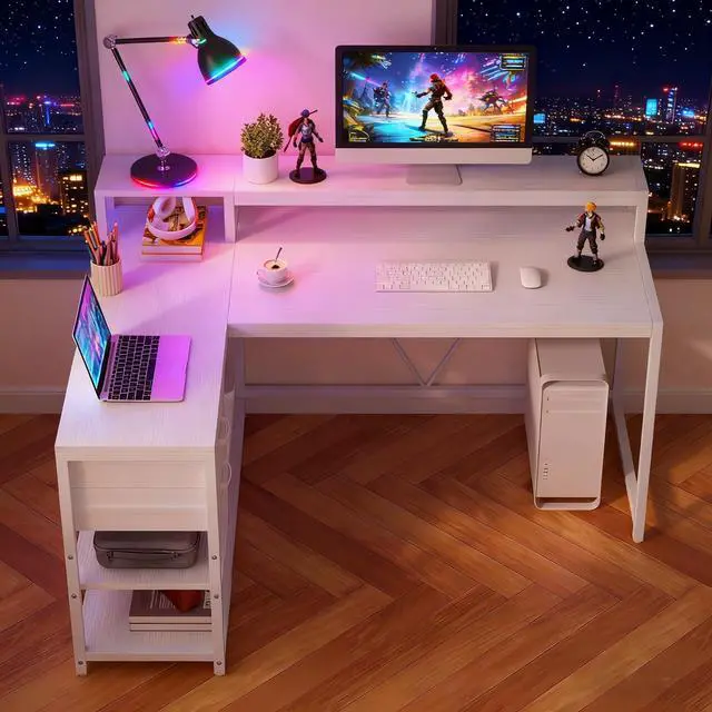 Main image of L Shaped Desk with Drawers and Storage Shelves, Home Office L Corner Desk with Monitor Stand, 55" x 24" Desktop Computer Desk, Gaming Desk Study Desk for Small Space (White)