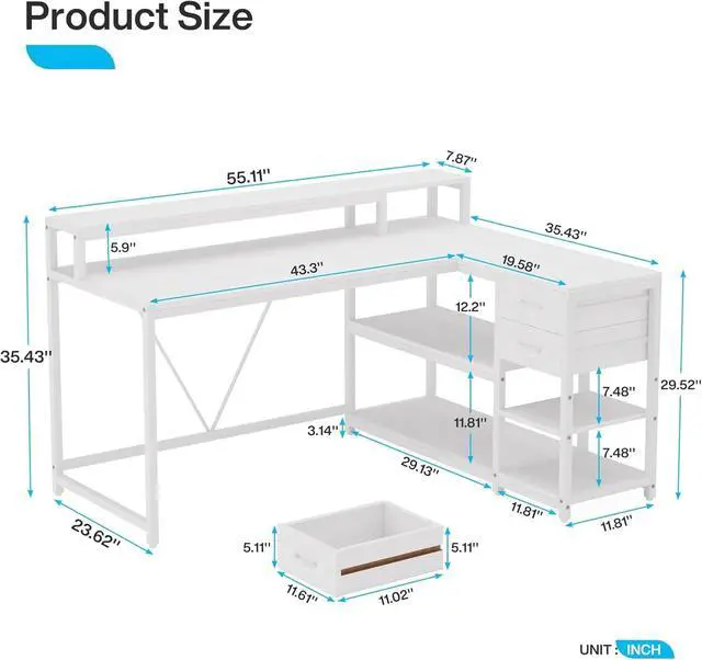 Alt view image 2 of 6 - L Shaped Desk with Drawers and Storage Shelves, Home Office L Corner Desk with Monitor Stand, 55" x 24" Desktop Computer Desk, Gaming Desk Study Desk for Small Space (White)