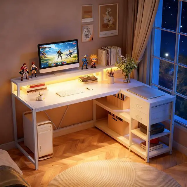 Alt view image 3 of 6 - L Shaped Desk with Drawers and Storage Shelves, Home Office L Corner Desk with Monitor Stand, 55" x 24" Desktop Computer Desk, Gaming Desk Study Desk for Small Space (White)