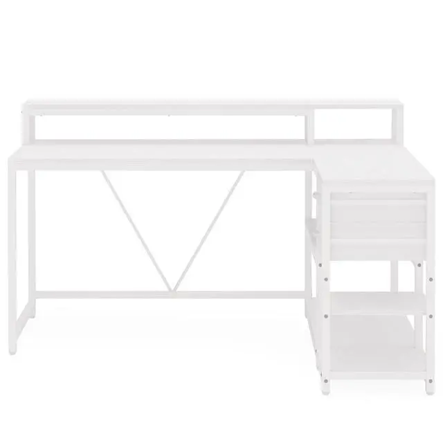 Alt view image 4 of 6 - L Shaped Desk with Drawers and Storage Shelves, Home Office L Corner Desk with Monitor Stand, 55" x 24" Desktop Computer Desk, Gaming Desk Study Desk for Small Space (White)