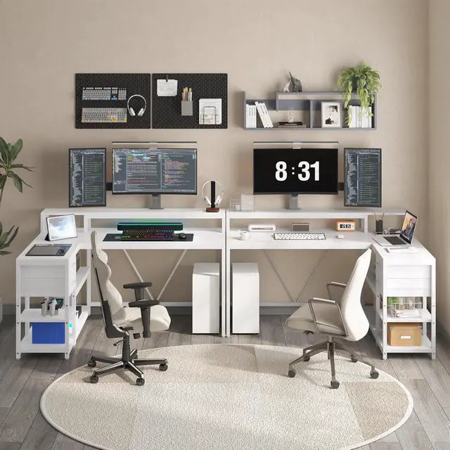 Alt view image 5 of 6 - L Shaped Desk with Drawers and Storage Shelves, Home Office L Corner Desk with Monitor Stand, 55" x 24" Desktop Computer Desk, Gaming Desk Study Desk for Small Space (White)