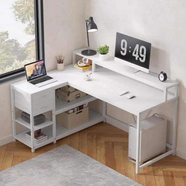 Alt view image 6 of 6 - L Shaped Desk with Drawers and Storage Shelves, Home Office L Corner Desk with Monitor Stand, 55" x 24" Desktop Computer Desk, Gaming Desk Study Desk for Small Space (White)