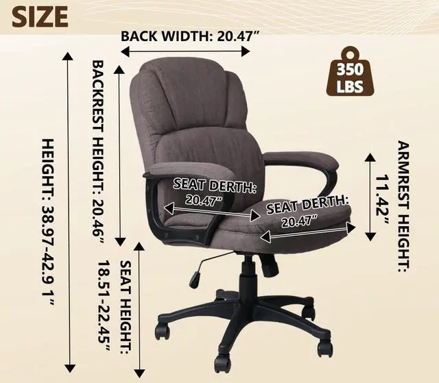 Alt view image 3 of 6 - Brown Ergonomic Cloth Office Chair Fabric with Arms and Wheels, Upholstered Swivel Rolling Adjustable Height Thicked Padding Home Desk Chairs Mid Back, 350 LBS