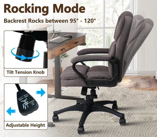 Alt view image 4 of 6 - Brown Ergonomic Cloth Office Chair Fabric with Arms and Wheels, Upholstered Swivel Rolling Adjustable Height Thicked Padding Home Desk Chairs Mid Back, 350 LBS