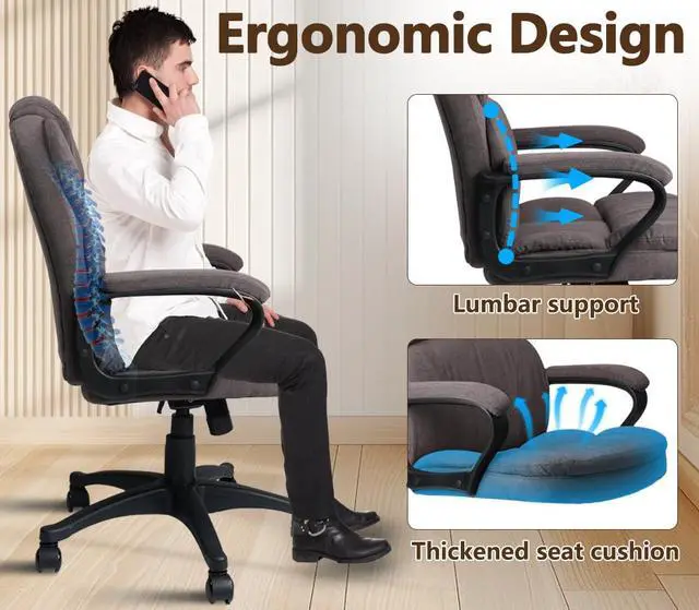 Alt view image 5 of 6 - Brown Ergonomic Cloth Office Chair Fabric with Arms and Wheels, Upholstered Swivel Rolling Adjustable Height Thicked Padding Home Desk Chairs Mid Back, 350 LBS