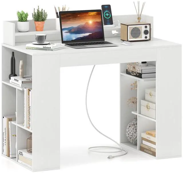 Main image of White Desk with Storage Shelves, 43" Home Office Computer Desk with Charging Station, Dual 3 Tier Bookshelf & Monitor Stand, PC Table Workstation, Modern Study Writing Desk for Bedroom, Dorm