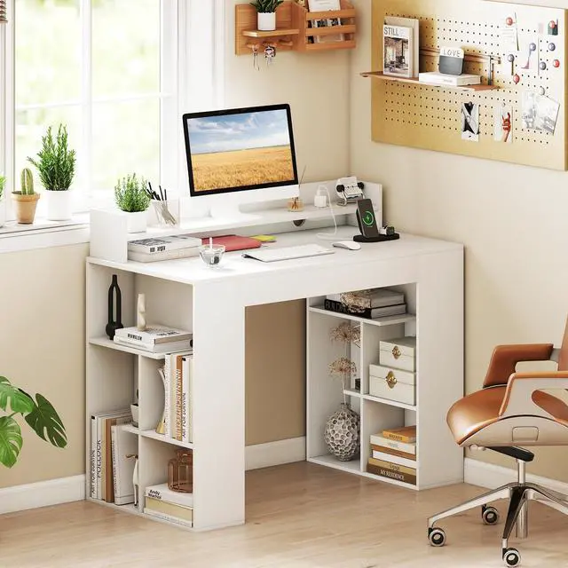 Alt view image 2 of 6 - White Desk with Storage Shelves, 43" Home Office Computer Desk with Charging Station, Dual 3 Tier Bookshelf & Monitor Stand, PC Table Workstation, Modern Study Writing Desk for Bedroom, Dorm
