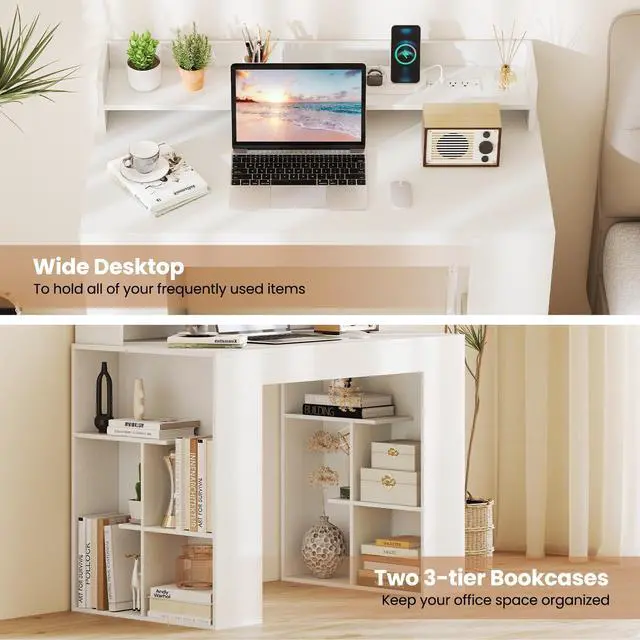 Alt view image 6 of 6 - White Desk with Storage Shelves, 43" Home Office Computer Desk with Charging Station, Dual 3 Tier Bookshelf & Monitor Stand, PC Table Workstation, Modern Study Writing Desk for Bedroom, Dorm