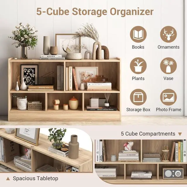 Alt view image 6 of 6 - 5-Cube Bookcase, 2-Tier Open Display Bookshelf w/Storage, Wooden Cube Storage Organizer for Classroom, Daycare, Living Room, Bedroom, Playroom, Home, Office, 12D x 44W x 24H