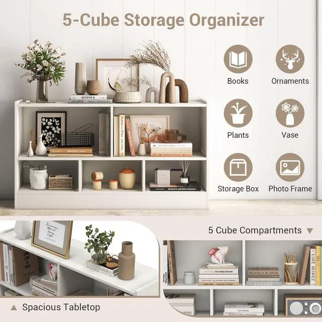 Alt view image 6 of 6 - 5-Cube Bookcase, 2-Tier Open Display Bookshelf w/Storage, Wooden Cube Storage Organizer for Classroom, Daycare, Living Room, Bedroom, Playroom, Home, Office, 12D x 44W x 24H