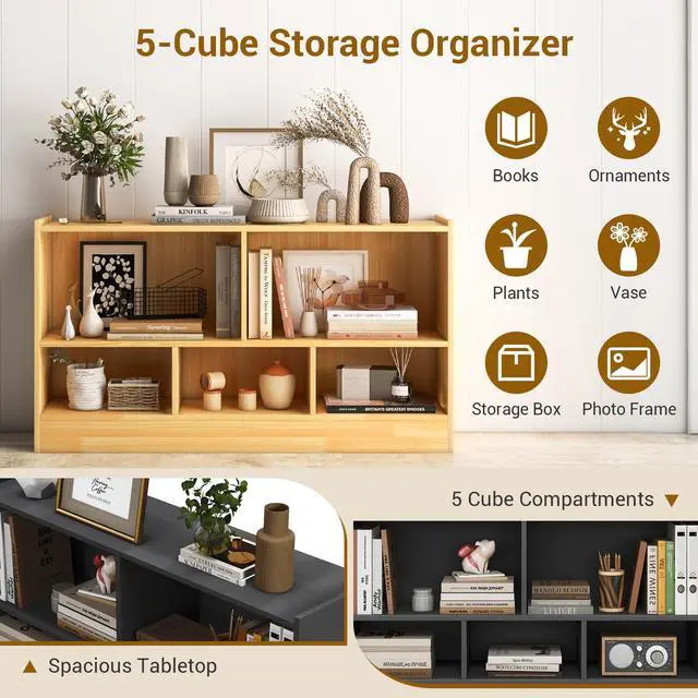 Alt view image 6 of 6 - 5-Cube Bookcase, 2-Tier Open Display Bookshelf w/Storage, Wooden Cube Storage Organizer for Classroom, Daycare, Living Room, Bedroom, Playroom, Home, Office, 12D x 44W x 24H