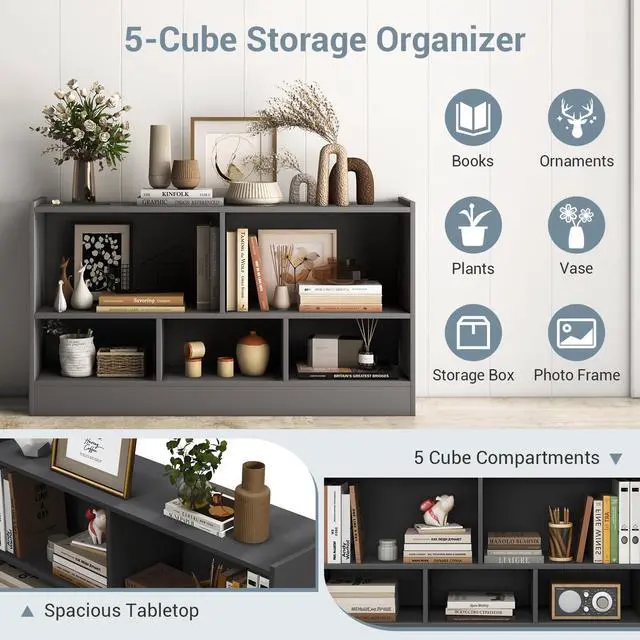 Alt view image 6 of 6 - 5-Cube Bookcase, 2-Tier Open Display Bookshelf w/Storage, Wooden Cube Storage Organizer for Classroom, Daycare, Living Room, Bedroom, Playroom, Home, Office, 12D x 44W x 24H