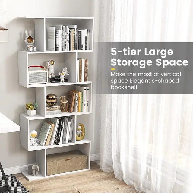 Alt view image 6 of 6 - 5-Tier Geometric Bookcase, 62.5 Freestanding Room Divider Bookshelf with Open Display Shelves & Anti-tip Device, Wood S-Shaped Storage Organizer for Living Room, Bedroom, Study & Home Office