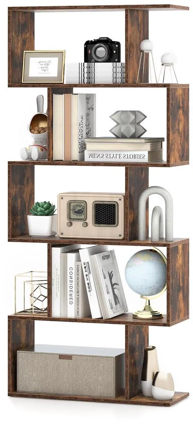 Main image of 5-Tier Geometric Bookcase, 62.5 Freestanding Room Divider Bookshelf with Open Display Shelves & Anti-tip Device, Wood S-Shaped Storage Organizer for Living Room, Bedroom, Study & Home Office