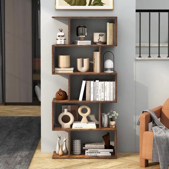 Alt view image 2 of 6 - 5-Tier Geometric Bookcase, 62.5 Freestanding Room Divider Bookshelf with Open Display Shelves & Anti-tip Device, Wood S-Shaped Storage Organizer for Living Room, Bedroom, Study & Home Office