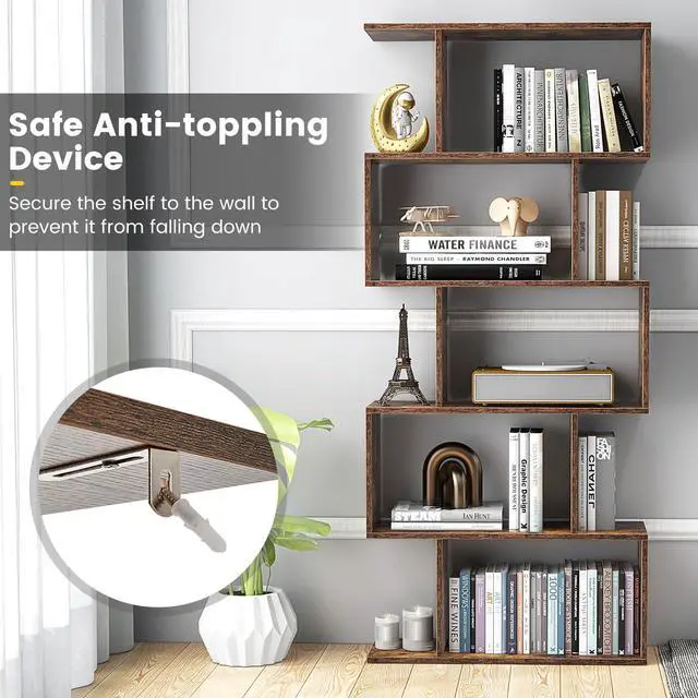 Alt view image 4 of 6 - 5-Tier Geometric Bookcase, 62.5 Freestanding Room Divider Bookshelf with Open Display Shelves & Anti-tip Device, Wood S-Shaped Storage Organizer for Living Room, Bedroom, Study & Home Office