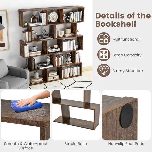 Alt view image 5 of 6 - 5-Tier Geometric Bookcase, 62.5 Freestanding Room Divider Bookshelf with Open Display Shelves & Anti-tip Device, Wood S-Shaped Storage Organizer for Living Room, Bedroom, Study & Home Office