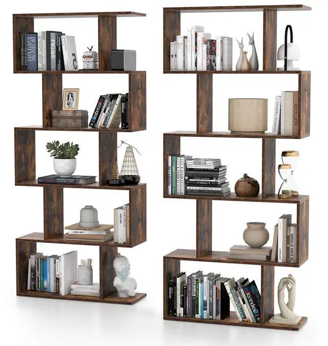 Main image of 5-Tier Geometric Bookcase Set of 2, 62.5 Freestanding Room Divider Bookshelf with Open Display Shelves & Anti-tip Device, Wood S-Shaped Storage Organizer for Living Room, Bedroom & Home Office
