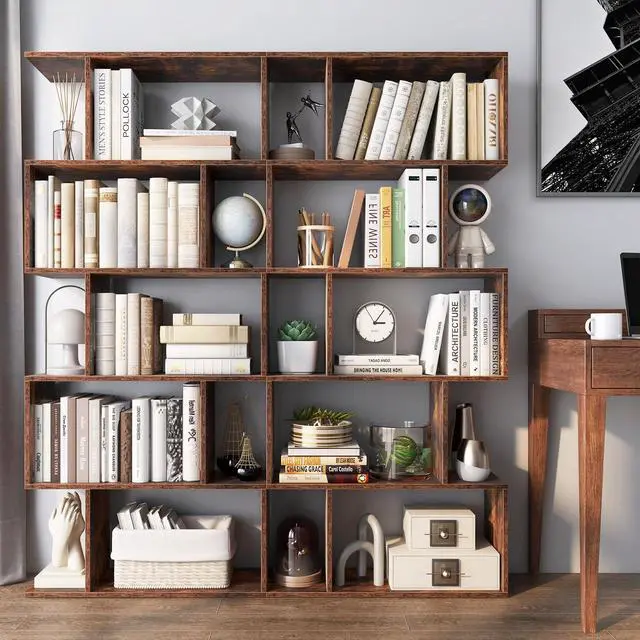 Alt view image 2 of 6 - 5-Tier Geometric Bookcase Set of 2, 62.5 Freestanding Room Divider Bookshelf with Open Display Shelves & Anti-tip Device, Wood S-Shaped Storage Organizer for Living Room, Bedroom & Home Office