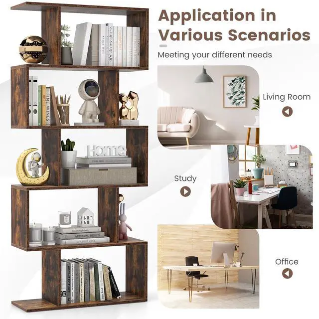 Alt view image 4 of 6 - 5-Tier Geometric Bookcase Set of 2, 62.5 Freestanding Room Divider Bookshelf with Open Display Shelves & Anti-tip Device, Wood S-Shaped Storage Organizer for Living Room, Bedroom & Home Office
