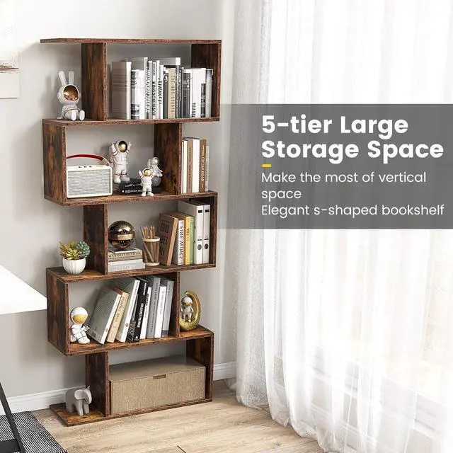 Alt view image 5 of 6 - 5-Tier Geometric Bookcase Set of 2, 62.5 Freestanding Room Divider Bookshelf with Open Display Shelves & Anti-tip Device, Wood S-Shaped Storage Organizer for Living Room, Bedroom & Home Office