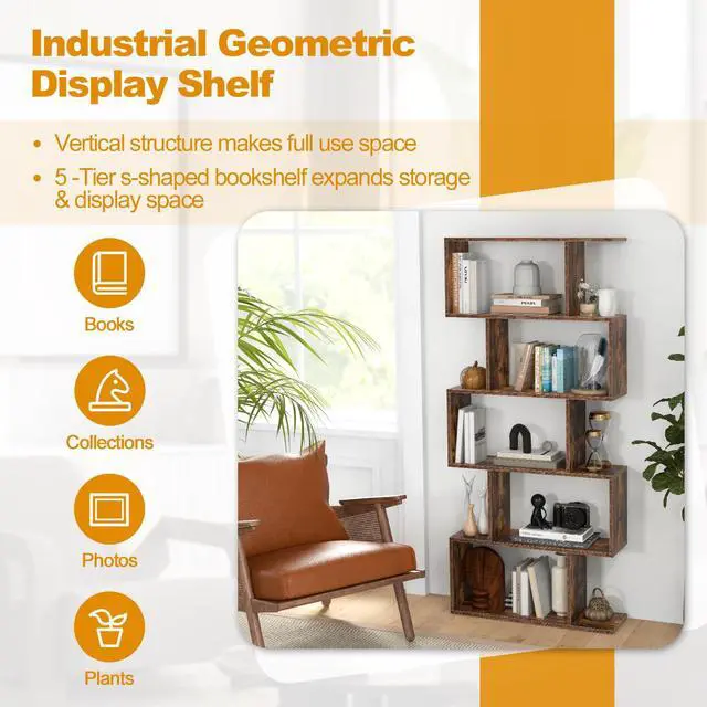 Alt view image 6 of 6 - 5-Tier Geometric Bookcase Set of 2, 62.5 Freestanding Room Divider Bookshelf with Open Display Shelves & Anti-tip Device, Wood S-Shaped Storage Organizer for Living Room, Bedroom & Home Office
