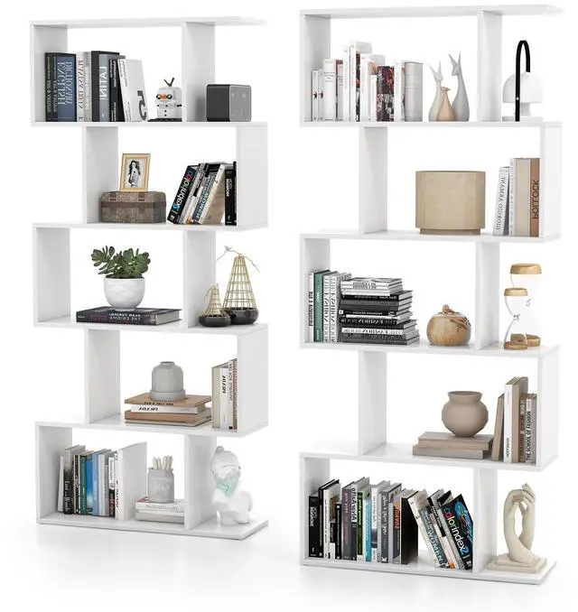 Main image of 5-Tier Geometric Bookcase Set of 2, 62.5 Freestanding Room Divider Bookshelf with Open Display Shelves & Anti-tip Device, Wood S-Shaped Storage Organizer for Living Room, Bedroom & Home Office