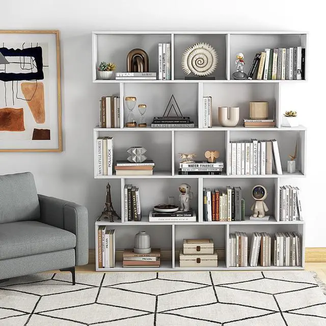 Alt view image 2 of 6 - 5-Tier Geometric Bookcase Set of 2, 62.5 Freestanding Room Divider Bookshelf with Open Display Shelves & Anti-tip Device, Wood S-Shaped Storage Organizer for Living Room, Bedroom & Home Office