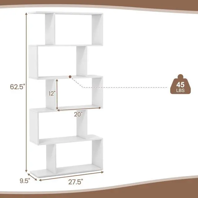 Alt view image 3 of 6 - 5-Tier Geometric Bookcase Set of 2, 62.5 Freestanding Room Divider Bookshelf with Open Display Shelves & Anti-tip Device, Wood S-Shaped Storage Organizer for Living Room, Bedroom & Home Office
