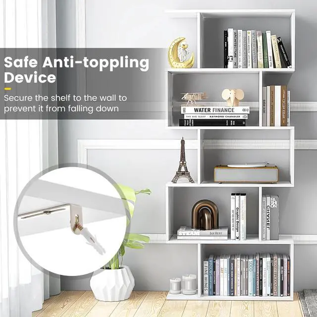 Alt view image 4 of 6 - 5-Tier Geometric Bookcase Set of 2, 62.5 Freestanding Room Divider Bookshelf with Open Display Shelves & Anti-tip Device, Wood S-Shaped Storage Organizer for Living Room, Bedroom & Home Office