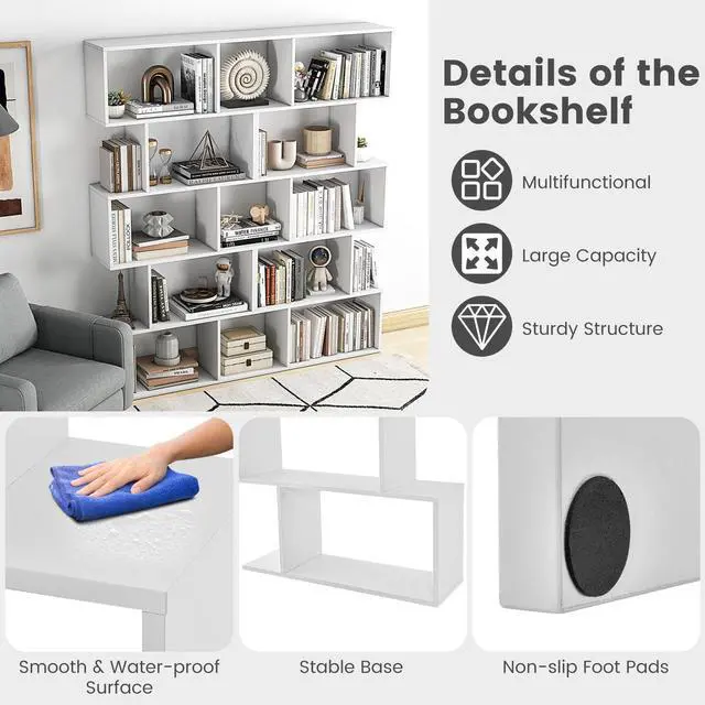 Alt view image 5 of 6 - 5-Tier Geometric Bookcase Set of 2, 62.5 Freestanding Room Divider Bookshelf with Open Display Shelves & Anti-tip Device, Wood S-Shaped Storage Organizer for Living Room, Bedroom & Home Office