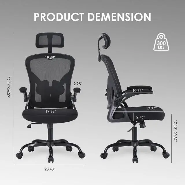 Alt view image 2 of 6 - Ergonomic Office Chair, Desk Chair with Headrest and Adjustable Lumbar Support, Mesh Comfy Gaming Chairs with Flip-up Armrests for Home Office Study Room (Black)