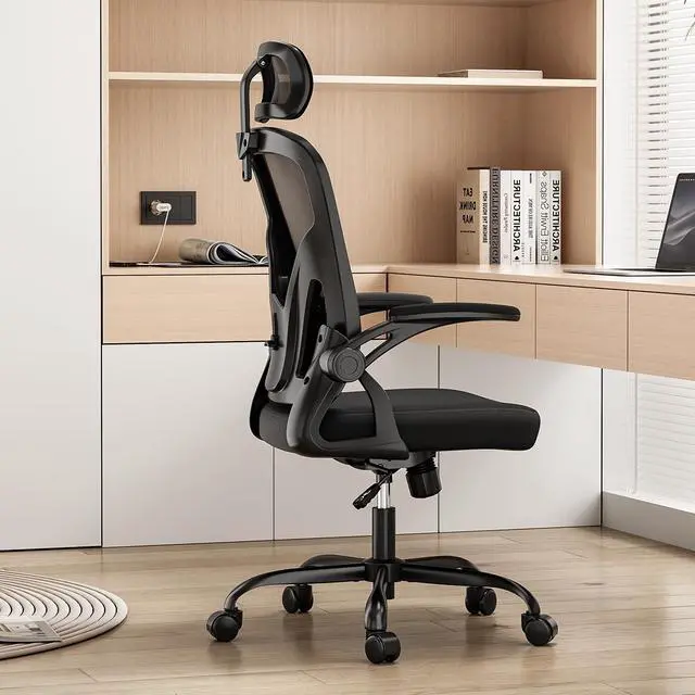 Alt view image 3 of 6 - Ergonomic Office Chair, Desk Chair with Headrest and Adjustable Lumbar Support, Mesh Comfy Gaming Chairs with Flip-up Armrests for Home Office Study Room (Black)