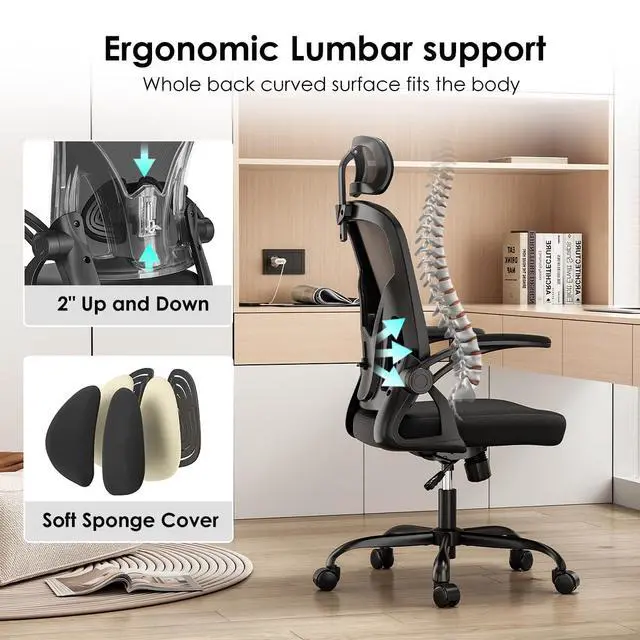 Alt view image 4 of 6 - Ergonomic Office Chair, Desk Chair with Headrest and Adjustable Lumbar Support, Mesh Comfy Gaming Chairs with Flip-up Armrests for Home Office Study Room (Black)