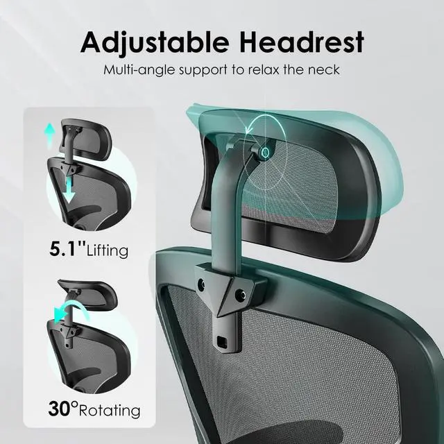 Alt view image 5 of 6 - Ergonomic Office Chair, Desk Chair with Headrest and Adjustable Lumbar Support, Mesh Comfy Gaming Chairs with Flip-up Armrests for Home Office Study Room (Black)
