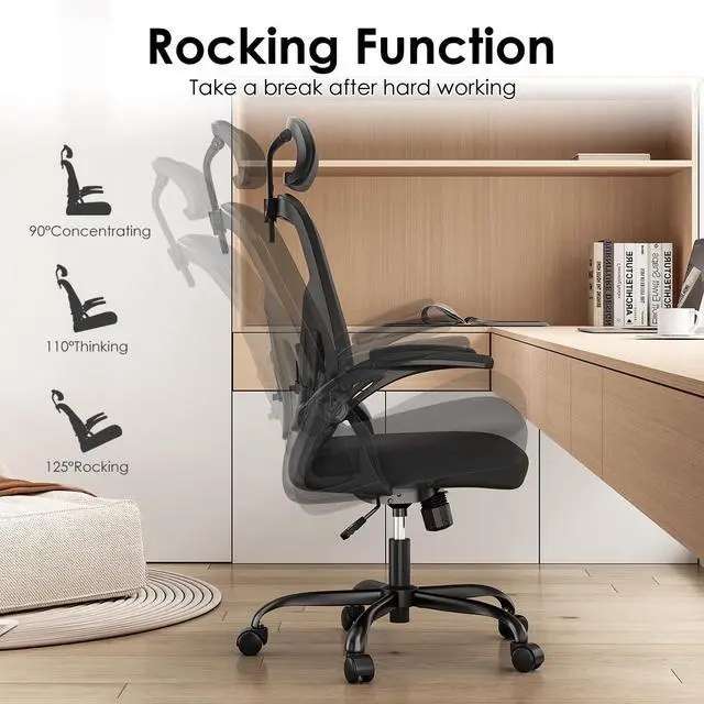 Alt view image 6 of 6 - Ergonomic Office Chair, Desk Chair with Headrest and Adjustable Lumbar Support, Mesh Comfy Gaming Chairs with Flip-up Armrests for Home Office Study Room (Black)
