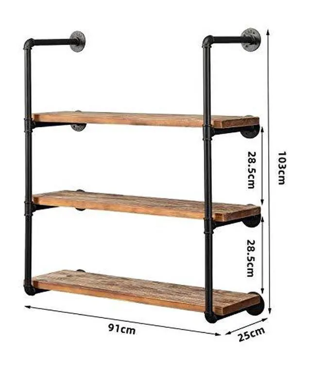 Alt view image 3 of 6 - Industrial Wall Mounted Pipe Shelving,Rustic Metal Floating Shelves,Steampunk Real Wood Bookcases,DIY Bookshelf Hanging Shelves,Farmhouse Kitchen Bar Office Home Storage (4-Tier with 3 Boards,36in)