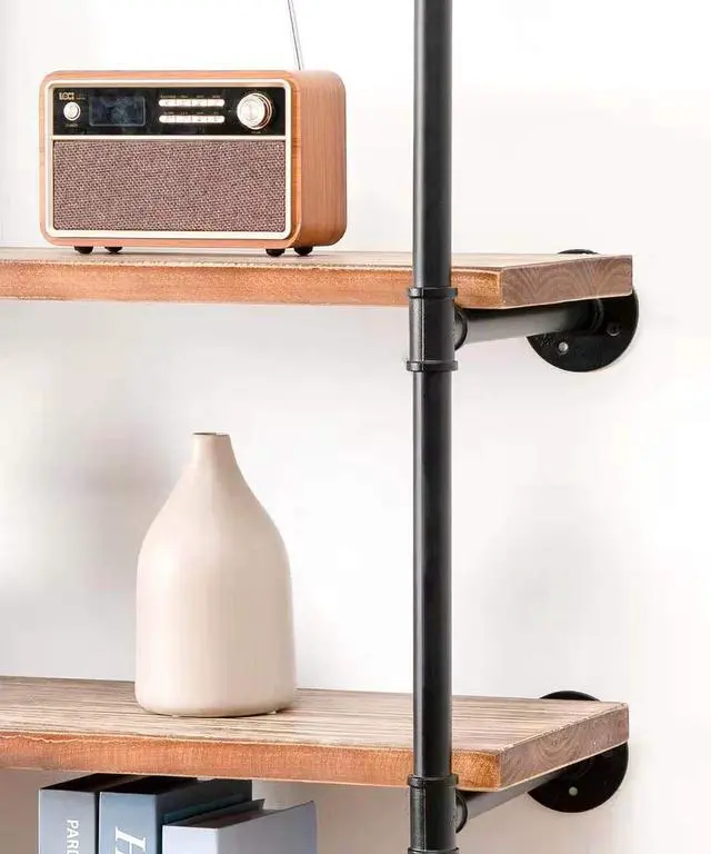 Alt view image 6 of 6 - Industrial Wall Mounted Pipe Shelving,Rustic Metal Floating Shelves,Steampunk Real Wood Bookcases,DIY Bookshelf Hanging Shelves,Farmhouse Kitchen Bar Office Home Storage (4-Tier with 3 Boards,36in)