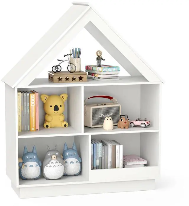 Main image of Toy Storage Organizer, 5-Cubby Wooden Dollhouse Bookcase Cabinet, Toddler Book Shelf, Children Toy Storage Display Chest, Kids Bookshelf for Playroom, Classroom, Nursery, Daycare (White)